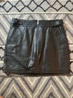 Frame Denim Black Lamb Leather Zip-Front Mini Skirt